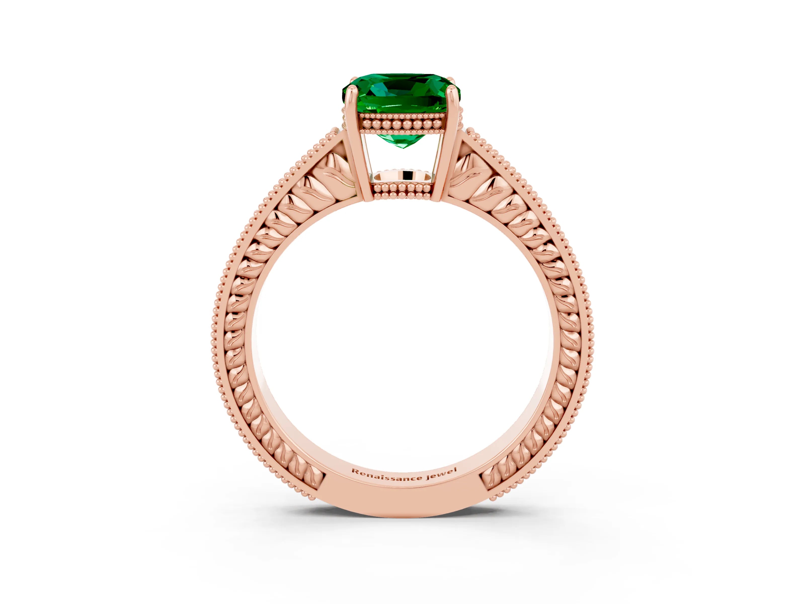 Rose gold Cushion Cut Emerald Ring with Milgrain Pavé Band and Four-Prong Setting_15
