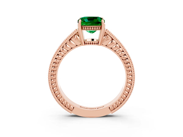 Rose gold Cushion Cut Emerald Ring with Milgrain Pavé Band and Four-Prong Setting