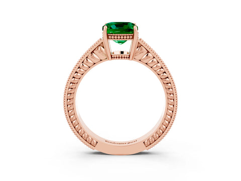Rose gold Cushion Cut Emerald Ring with Milgrain Pavé Band and Four-Prong Setting_15