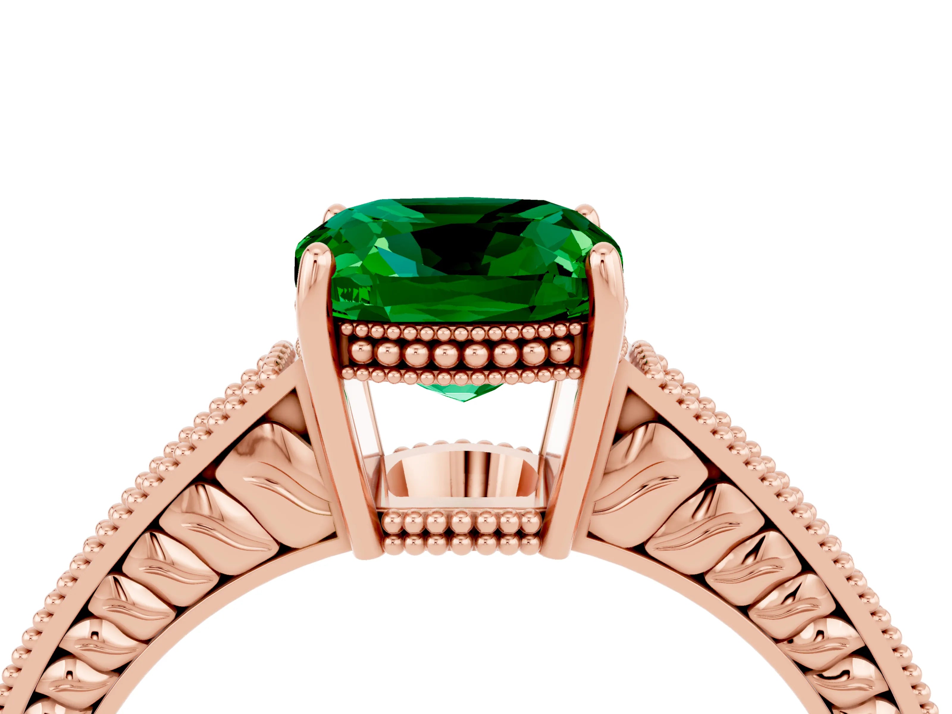 Rose gold Cushion Cut Emerald Ring with Milgrain Pavé Band and Four-Prong Setting_16