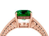 Rose gold Cushion Cut Emerald Ring with Milgrain Pavé Band and Four-Prong Setting_16