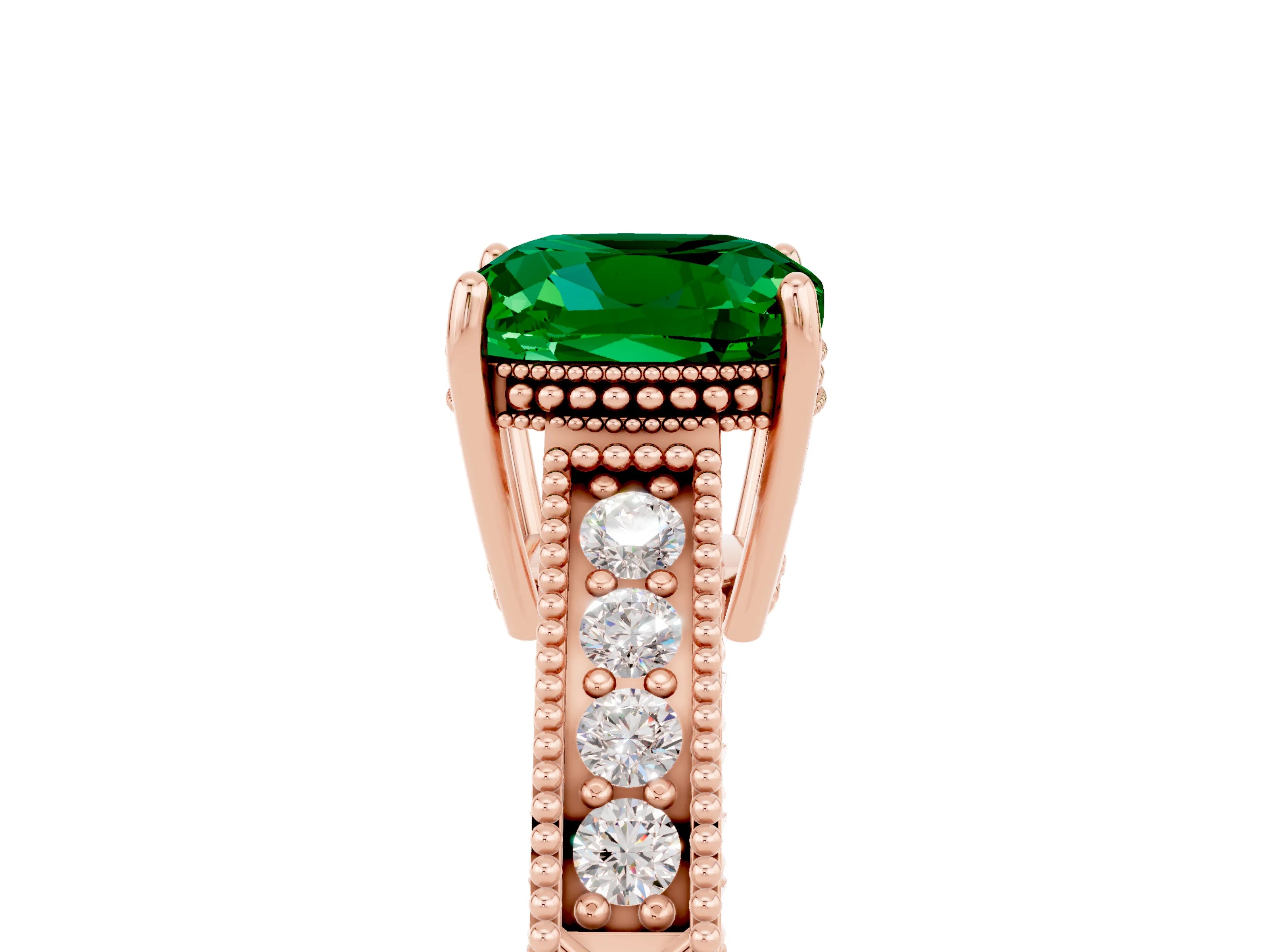 Rose gold Cushion Cut Emerald Ring with Milgrain Pavé Band and Four-Prong Setting_17