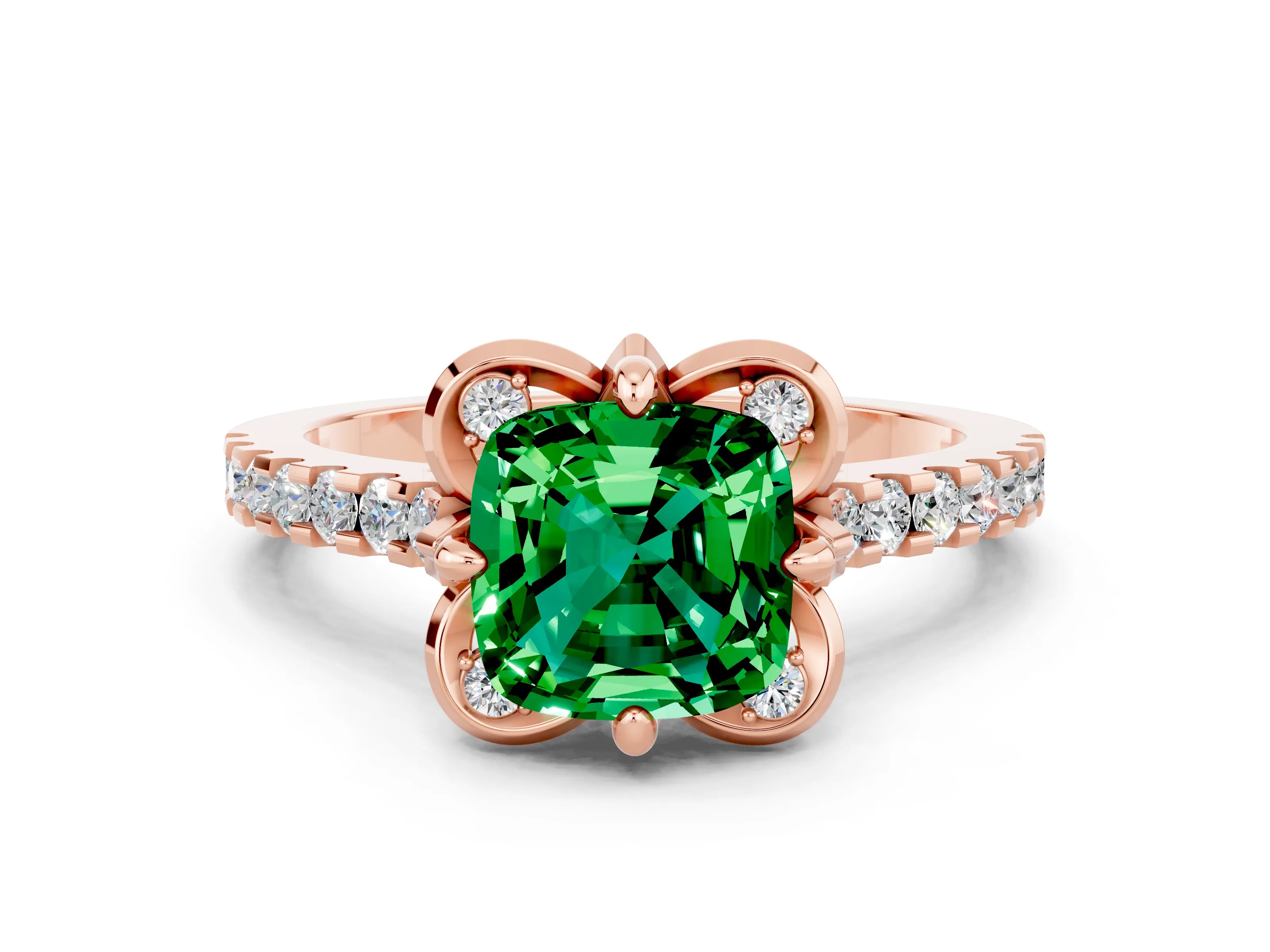 Rose gold Cushion Cut Emerald Ring with Pavé Band and Floral Prong Setting