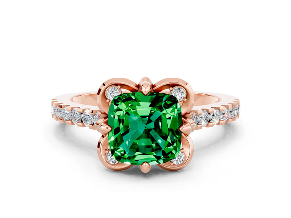 Rose gold Cushion Cut Emerald Ring with Pavé Band and Floral Prong Setting