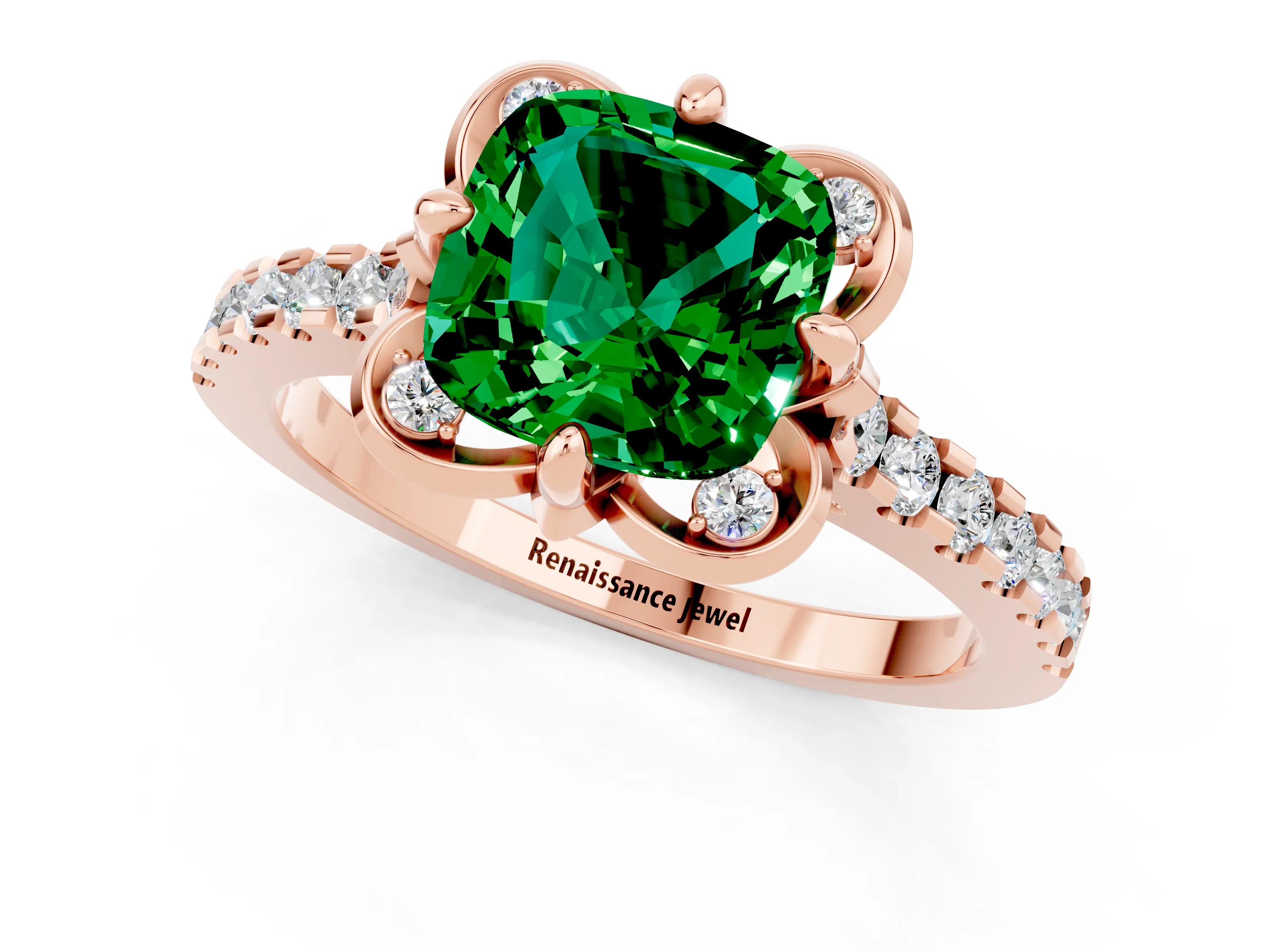 Rose gold Cushion Cut Emerald Ring with Pavé Band and Floral Prong Setting_1