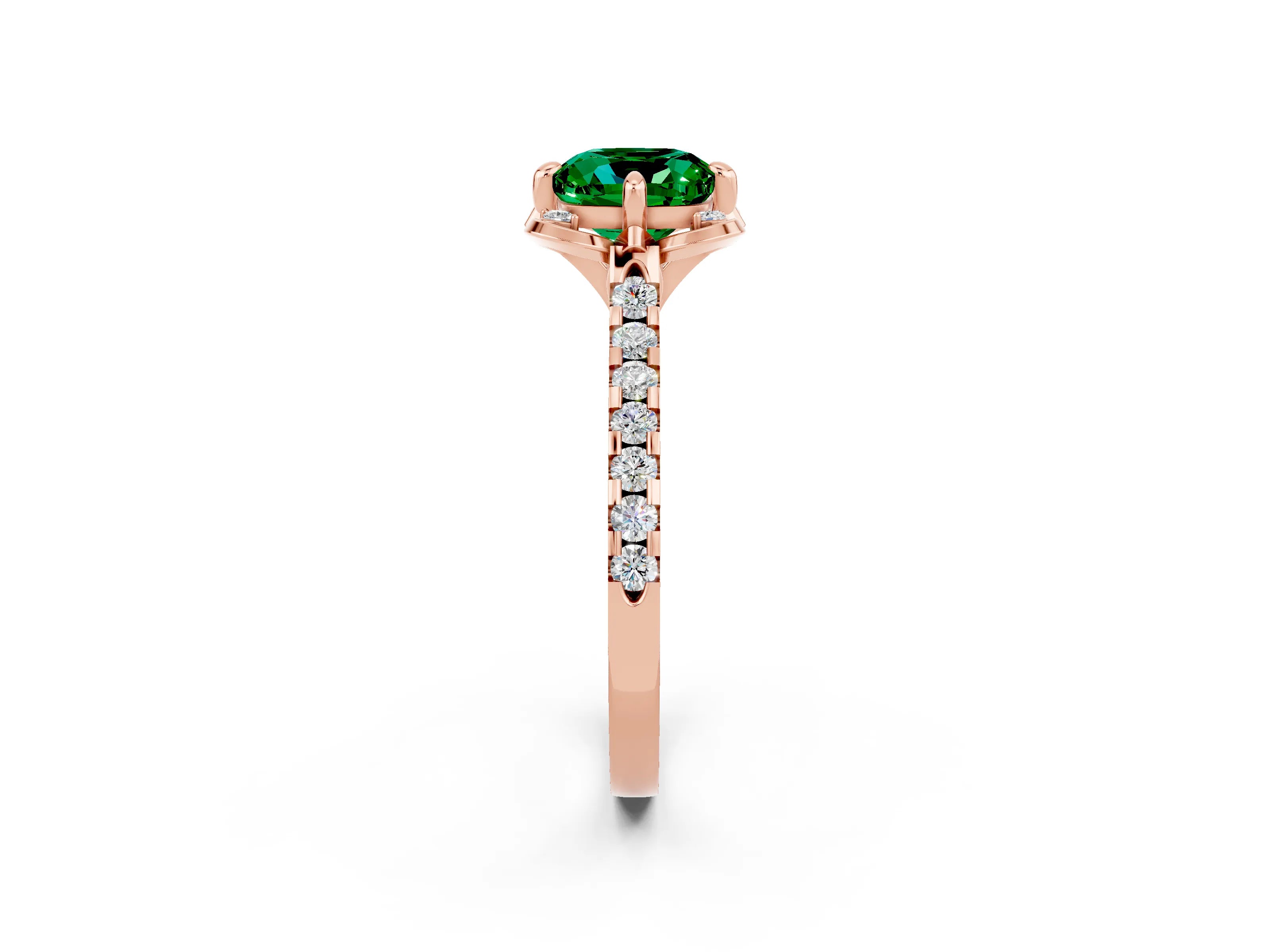 Rose gold Cushion Cut Emerald Ring with Pavé Band and Floral Prong Setting_2