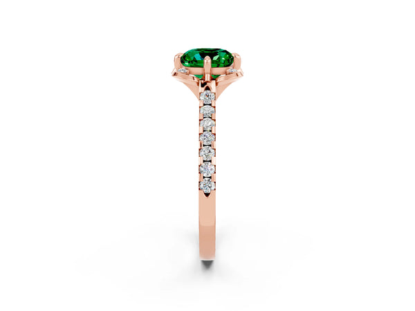 Rose gold Cushion Cut Emerald Ring with Pavé Band and Floral Prong Setting