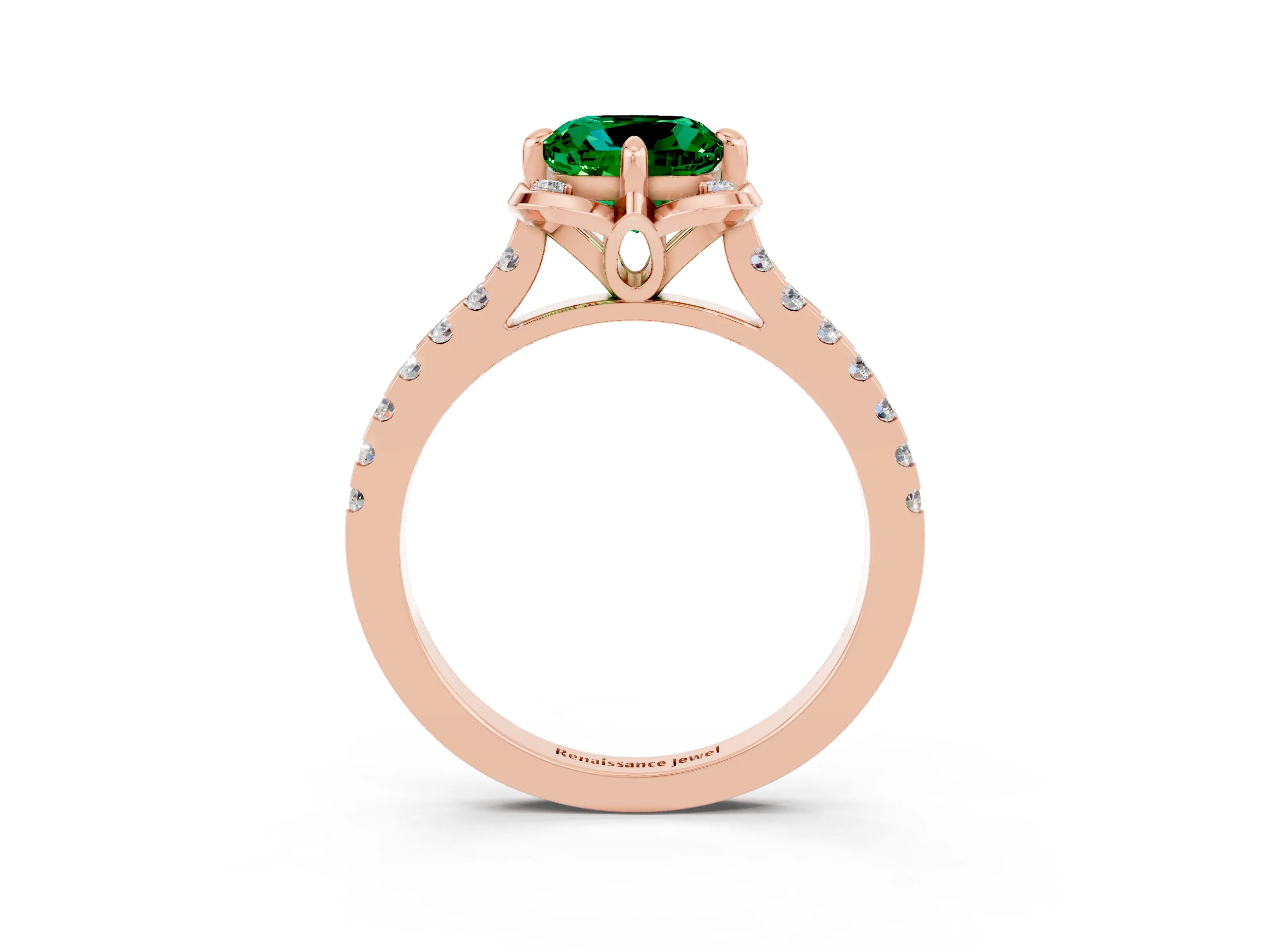 Rose gold Cushion Cut Emerald Ring with Pavé Band and Floral Prong Setting_3