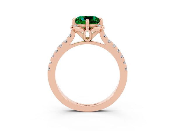 Rose gold Cushion Cut Emerald Ring with Pavé Band and Floral Prong Setting