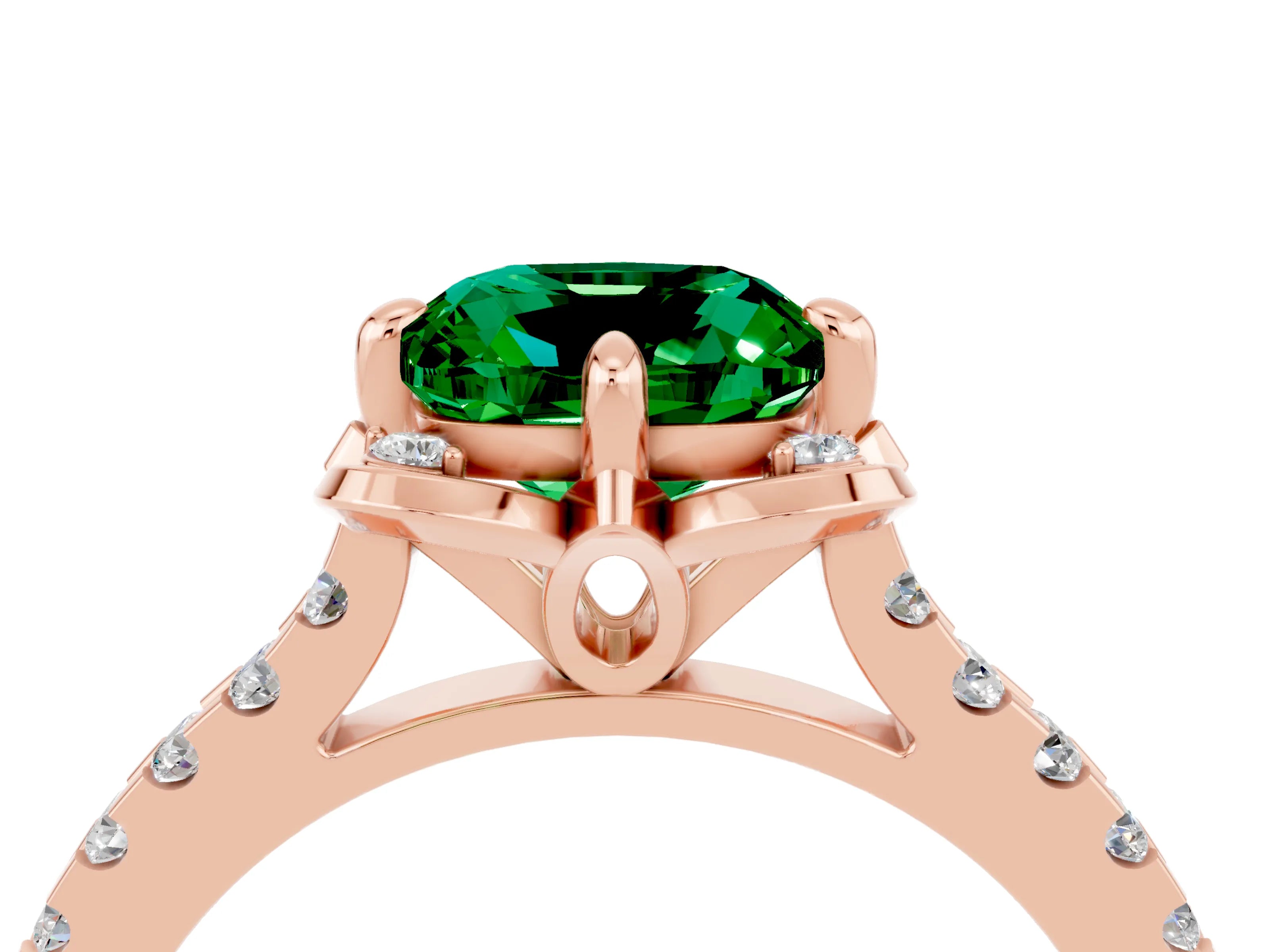 Rose gold Cushion Cut Emerald Ring with Pavé Band and Floral Prong Setting_4