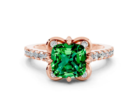 Rose gold Cushion Cut Emerald Ring with Pavé Band and Floral Prong Setting