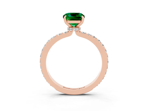 Rose gold Cushion Cut Emerald Pavé Engagement Ring with Round  Accents and Prong Setting