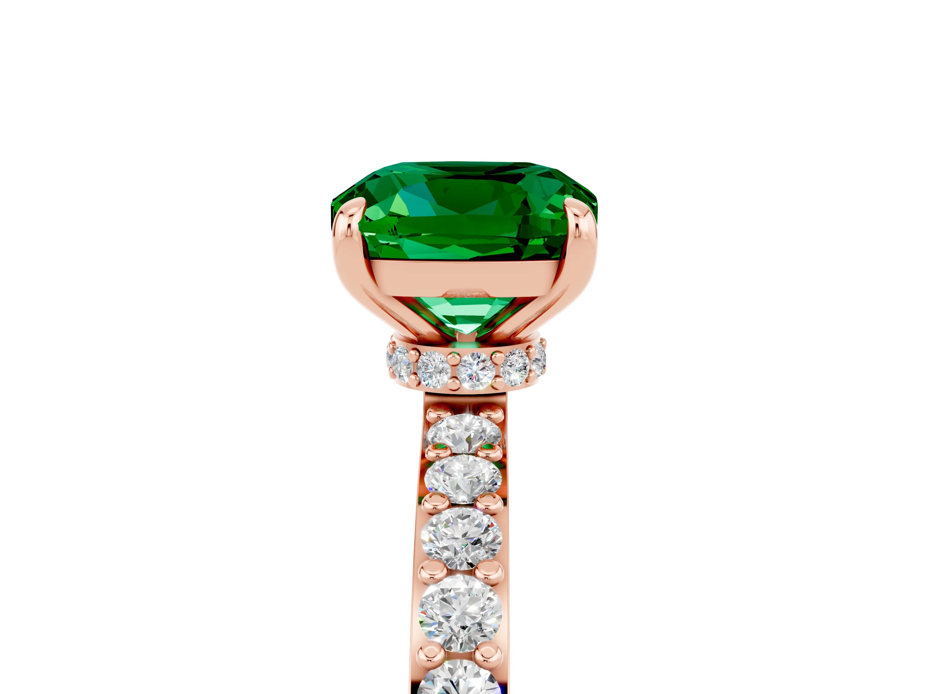 Rose gold Cushion Cut Emerald Ring with Pavé Band and Four-Prong Setting_5