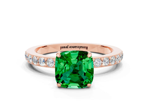 Rose gold Cushion Cut Emerald Ring with Pavé Band and Four-Prong Setting