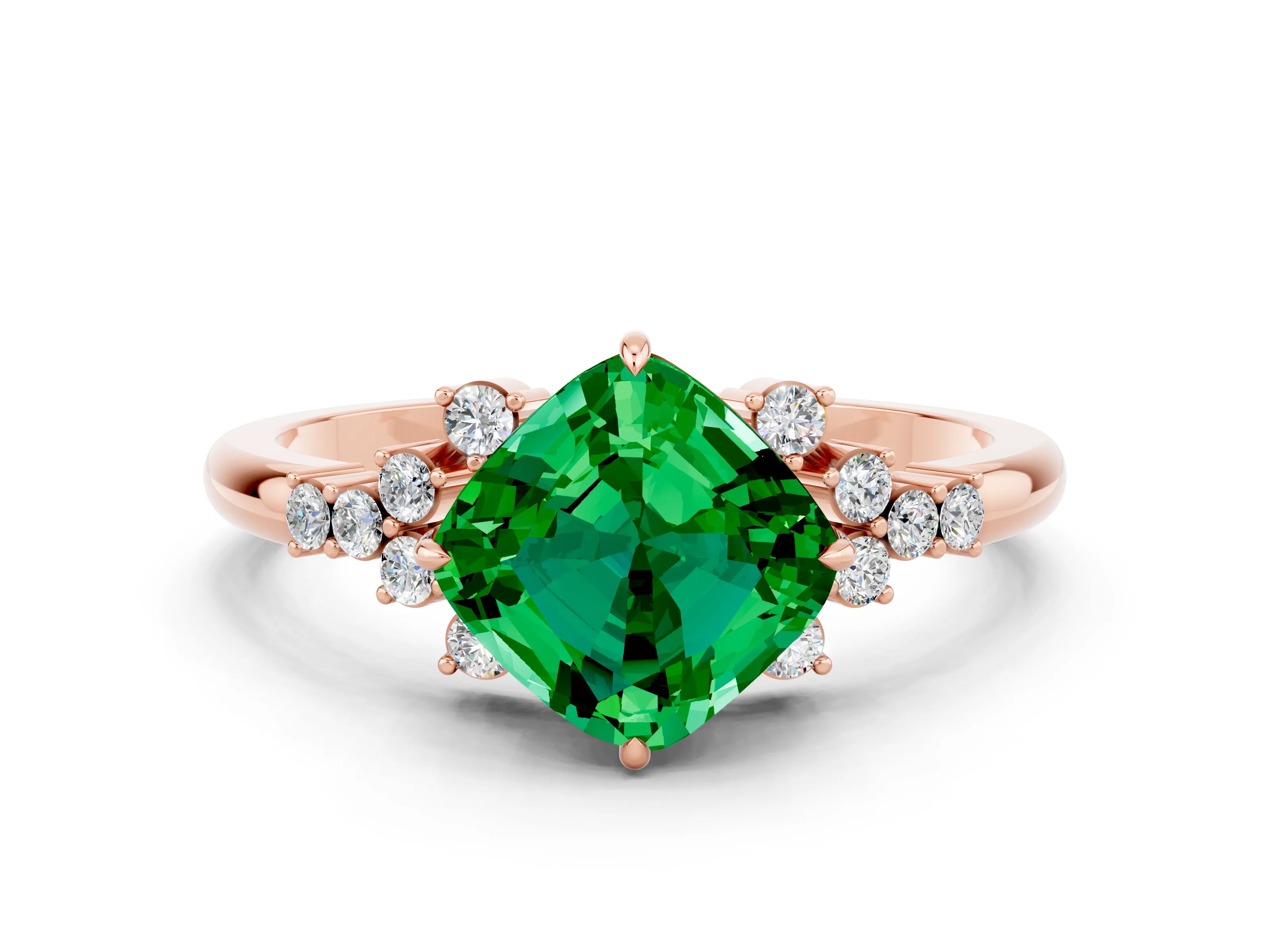 Rose gold Cushion Cut Emerald Ring with Side Stones and Four-Prong Setting_36