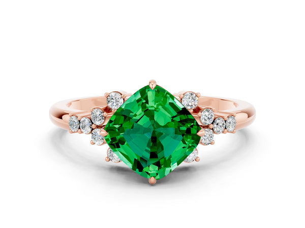 Rose gold Cushion Cut Emerald Ring with Side Stones and Four-Prong Setting