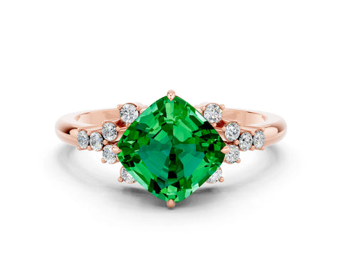 Rose gold Cushion Cut Emerald Ring with Side Stones and Four-Prong Setting_36