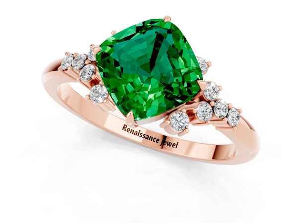 Rose gold Cushion Cut Emerald Ring with Side Stones and Four-Prong Setting