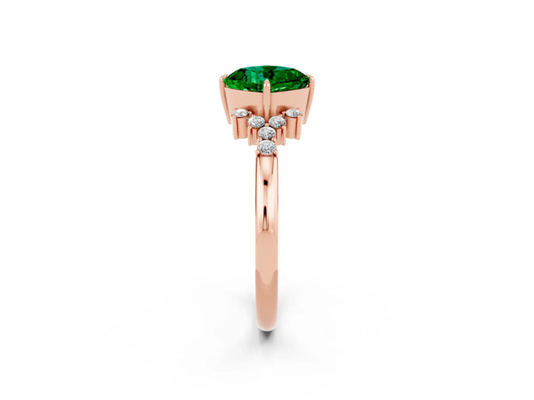 Rose gold Cushion Cut Emerald Ring with Side Stones and Four-Prong Setting
