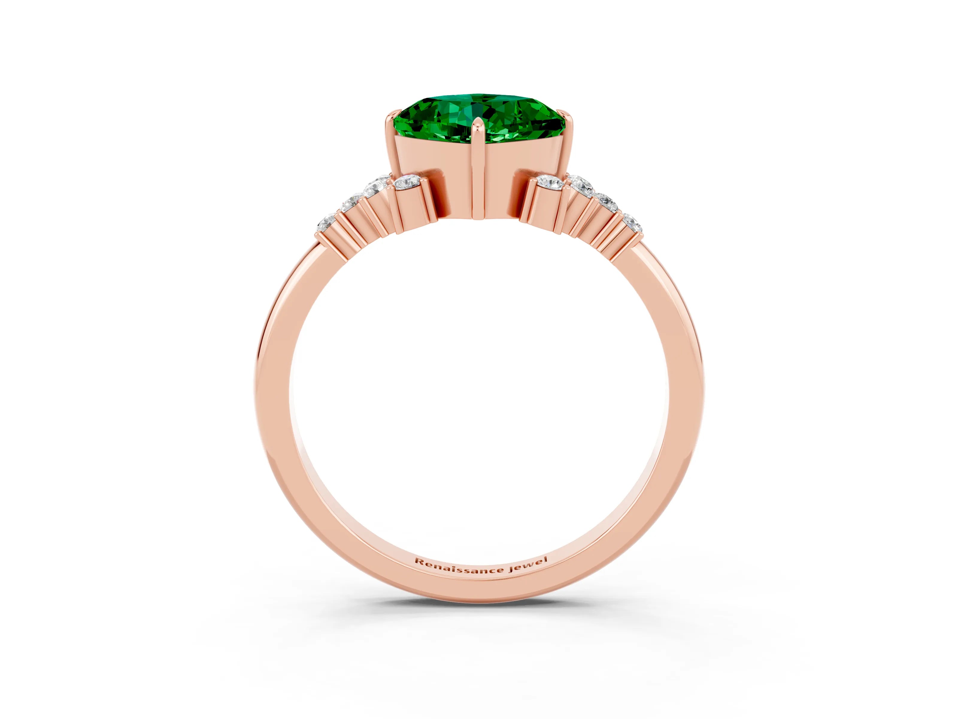 Rose gold Cushion Cut Emerald Ring with Side Stones and Four-Prong Setting_39