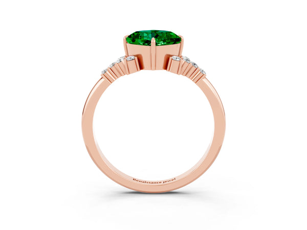 Rose gold Cushion Cut Emerald Ring with Side Stones and Four-Prong Setting