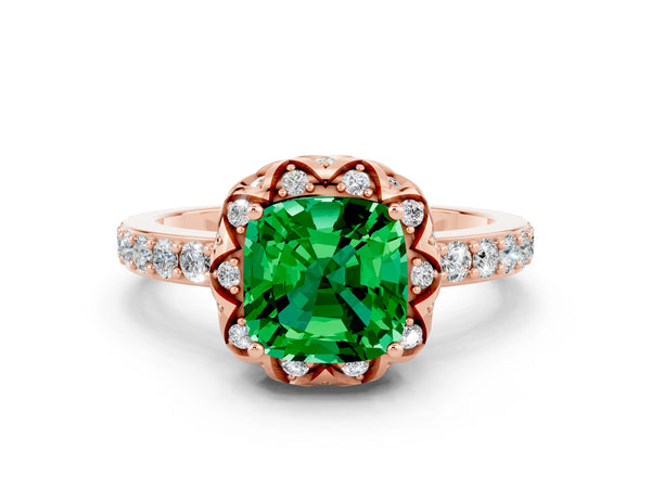 Rose gold Cushion Cut Emerald Scalloped Halo Engagement Ring with Round Shared Prong Band