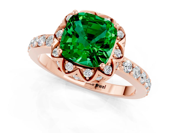 Rose gold Cushion Cut Emerald Scalloped Halo Engagement Ring with Round Shared Prong Band