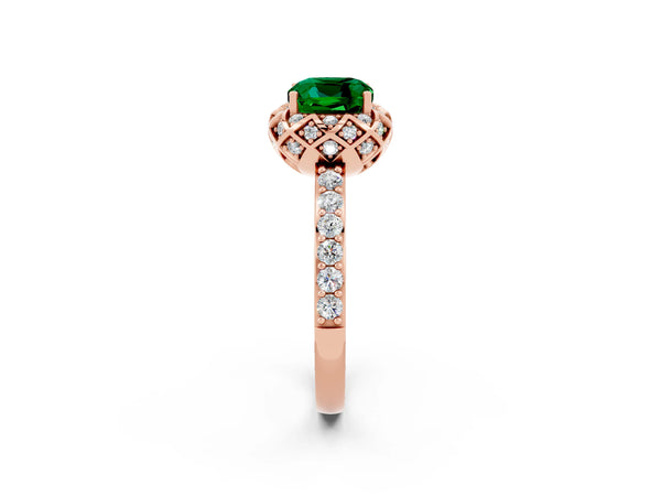 Rose gold Cushion Cut Emerald Scalloped Halo Engagement Ring with Round Shared Prong Band