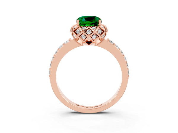 Rose gold Cushion Cut Emerald Scalloped Halo Engagement Ring with Round Shared Prong Band