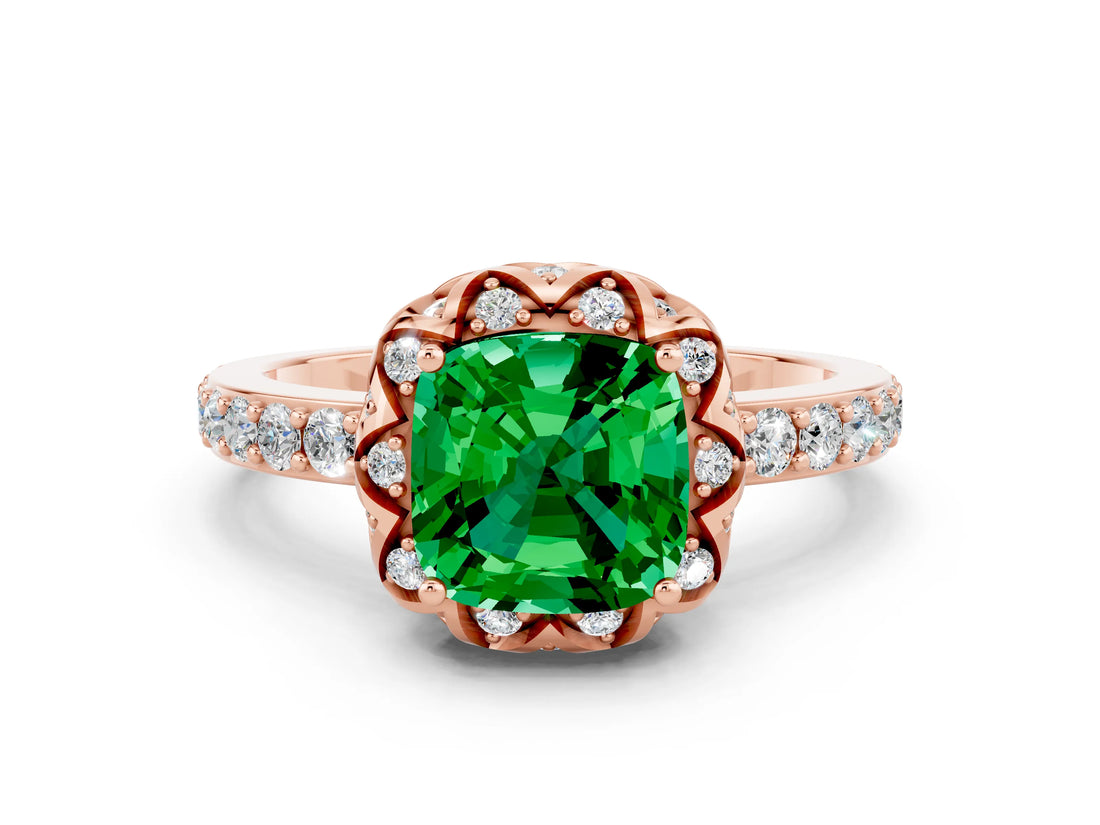 Rose gold Cushion Cut Emerald Scalloped Halo Engagement Ring with Round Shared Prong Band_24