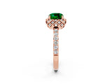 Rose gold Cushion Cut Emerald Scalloped Halo Engagement Ring with Round Shared Prong Band_26