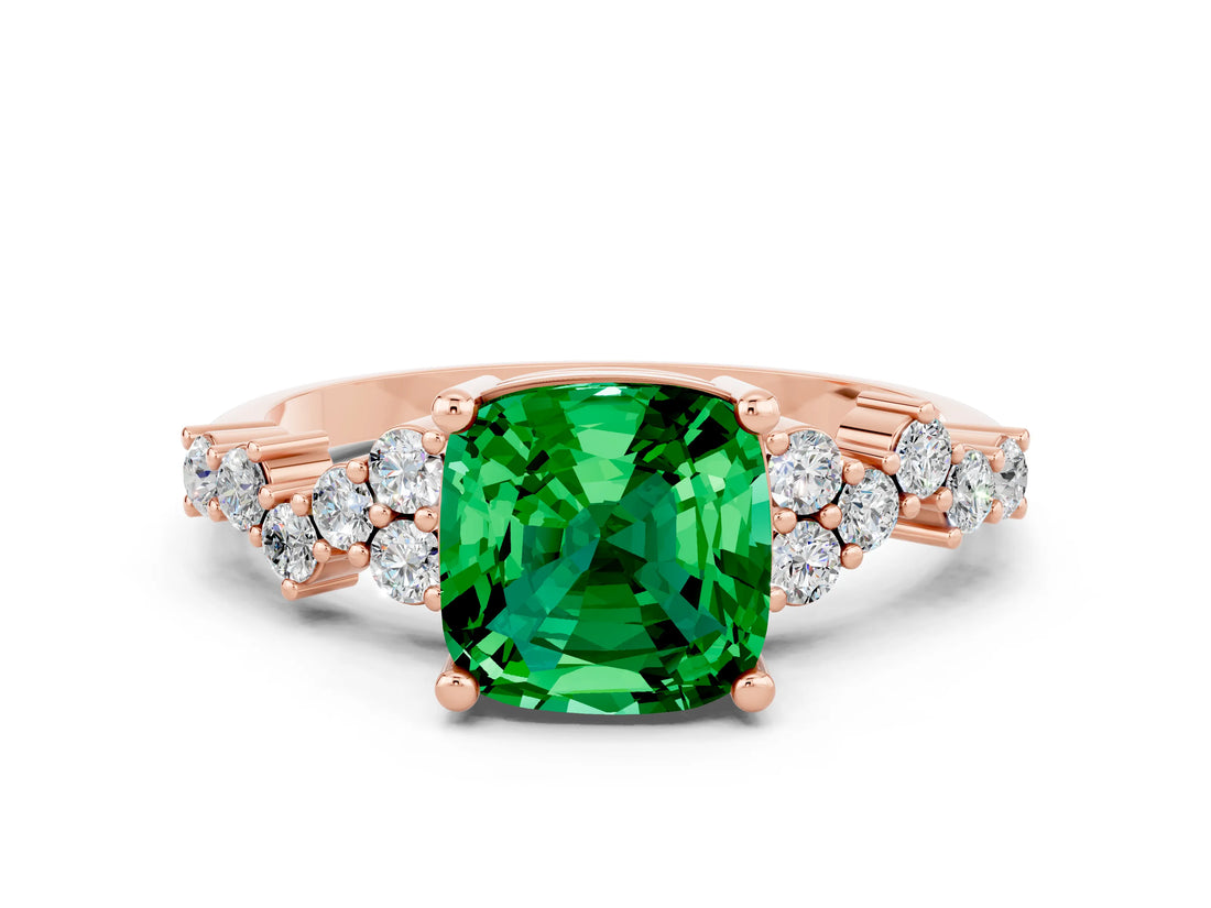 Rose gold Cushion Cut Emerald Scattered Round Accent Ring with Prong Setting_24