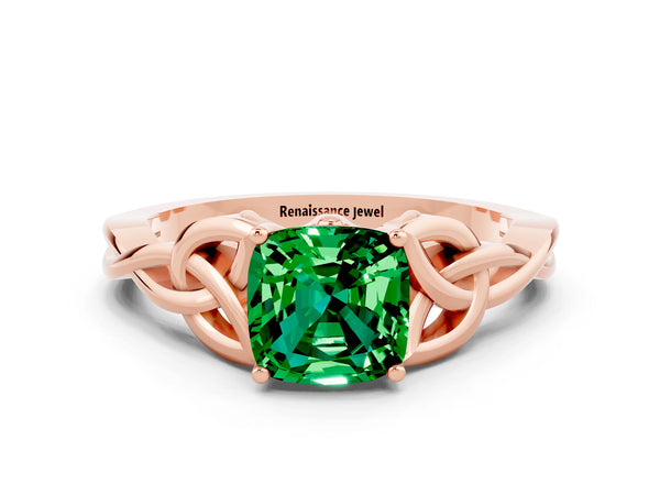 Rose gold Cushion Cut Emerald Solitaire Celtic Knot Ring with Four-Prong Setting