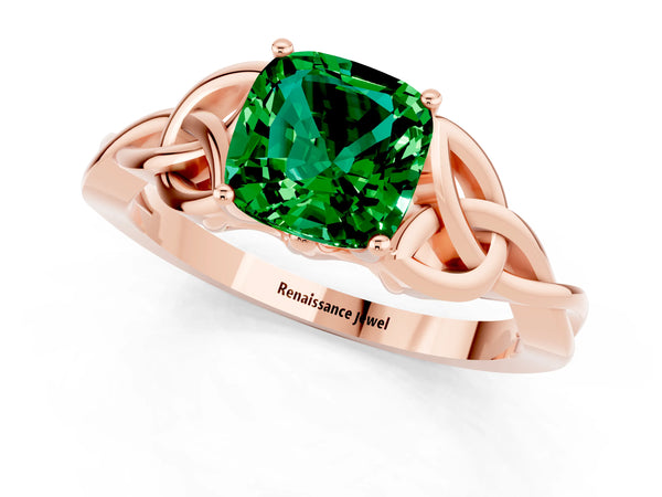 Rose gold Cushion Cut Emerald Solitaire Celtic Knot Ring with Four-Prong Setting