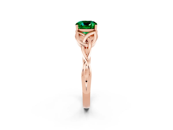 Rose gold Cushion Cut Emerald Solitaire Celtic Knot Ring with Four-Prong Setting