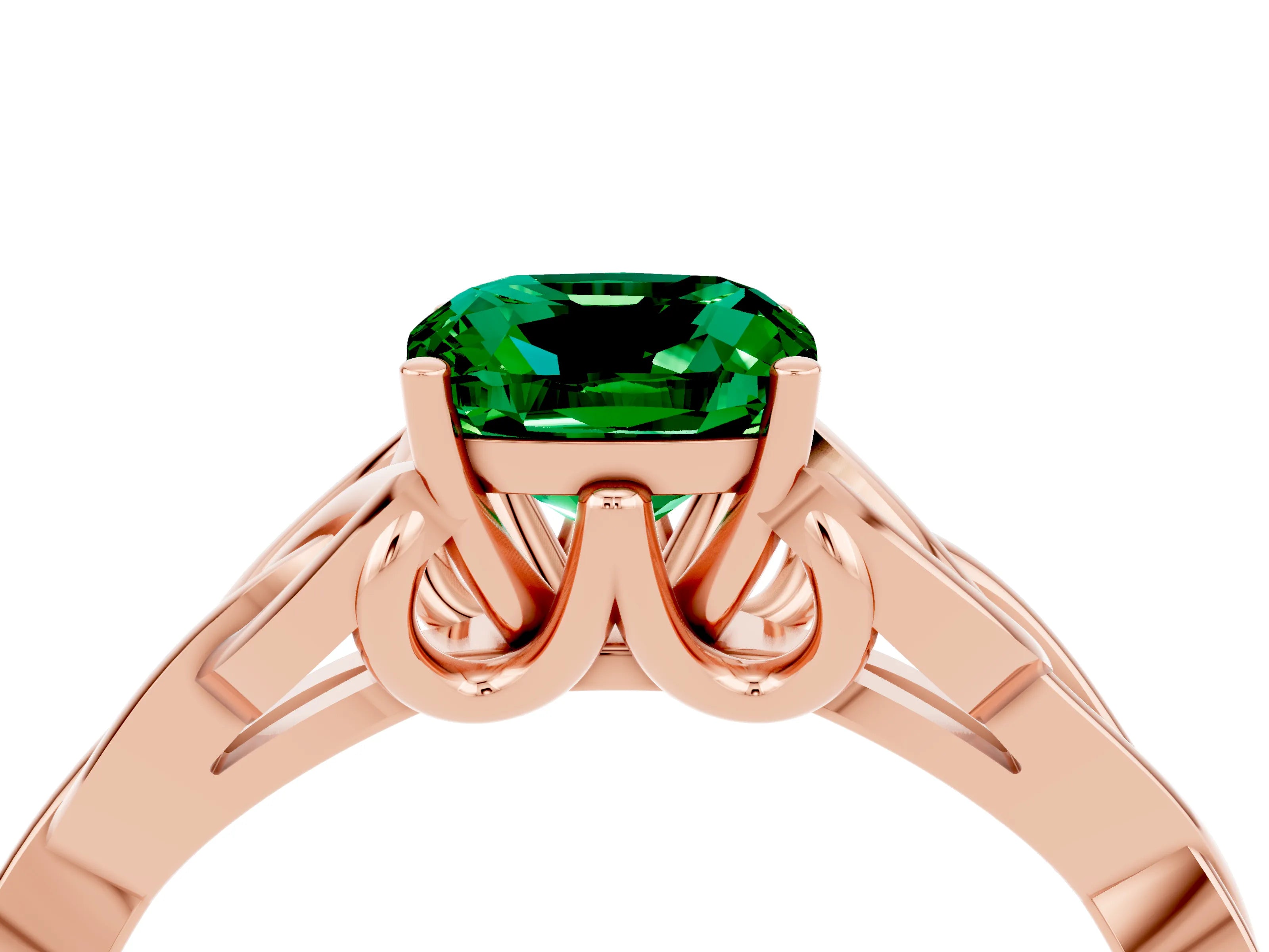Rose gold Cushion Cut Emerald Solitaire Celtic Knot Ring with Four-Prong Setting_16