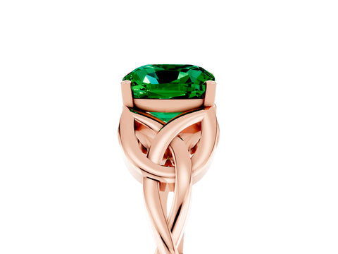 Rose gold Cushion Cut Emerald Solitaire Celtic Knot Ring with Four-Prong Setting_17
