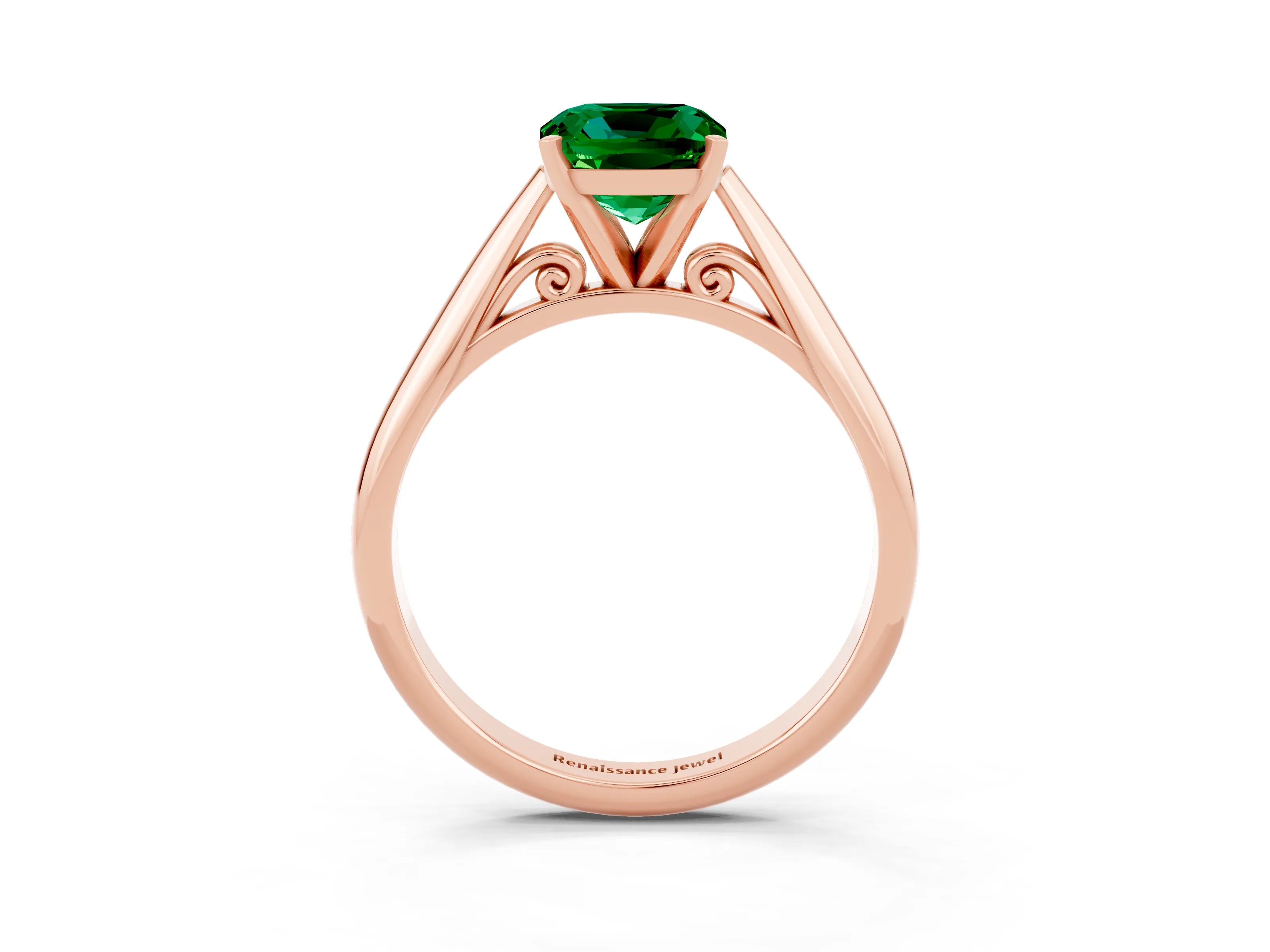 Rose gold Cushion Cut Emerald Solitaire Engagement Ring with Cathedral Setting and Four-Prong Mount_15