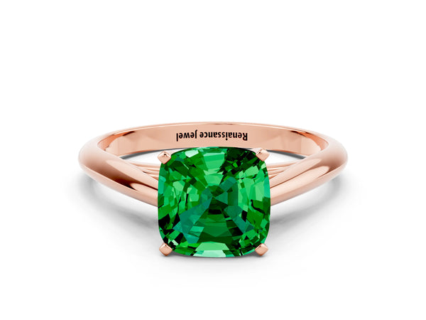 Rose gold Cushion Cut Emerald Solitaire Engagement Ring with Cathedral Setting and Four-Prong Mount