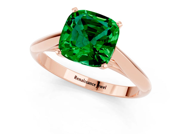 Rose gold Cushion Cut Emerald Solitaire Engagement Ring with Cathedral Setting and Four-Prong Mount