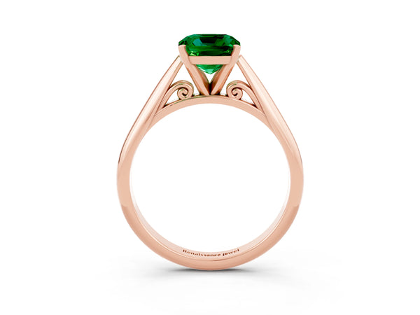 Rose gold Cushion Cut Emerald Solitaire Engagement Ring with Cathedral Setting and Four-Prong Mount