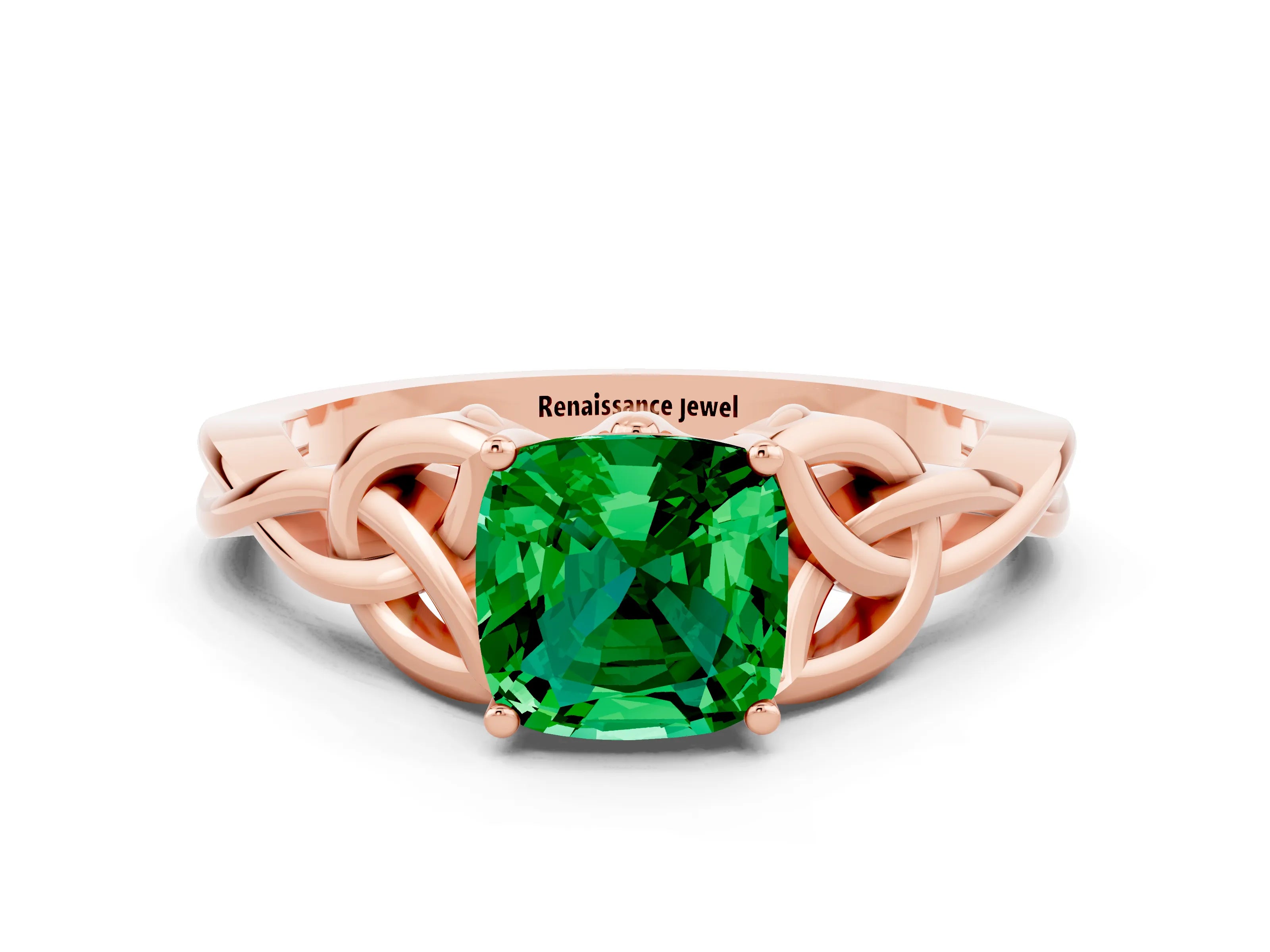 Rose gold Cushion Cut Emerald Solitaire Engagement Ring with Celtic Knot Band and Four-Prong Setting