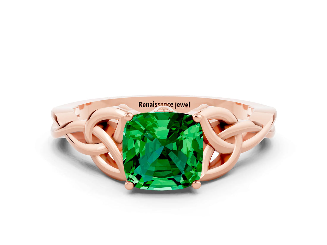 Rose gold Cushion Cut Emerald Solitaire Engagement Ring with Celtic Knot Band and Four-Prong Setting
