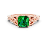 Rose gold Cushion Cut Emerald Solitaire Engagement Ring with Celtic Knot Band and Four-Prong Setting