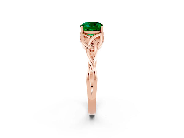 Rose gold Cushion Cut Emerald Solitaire Engagement Ring with Celtic Knot Band and Four-Prong Setting