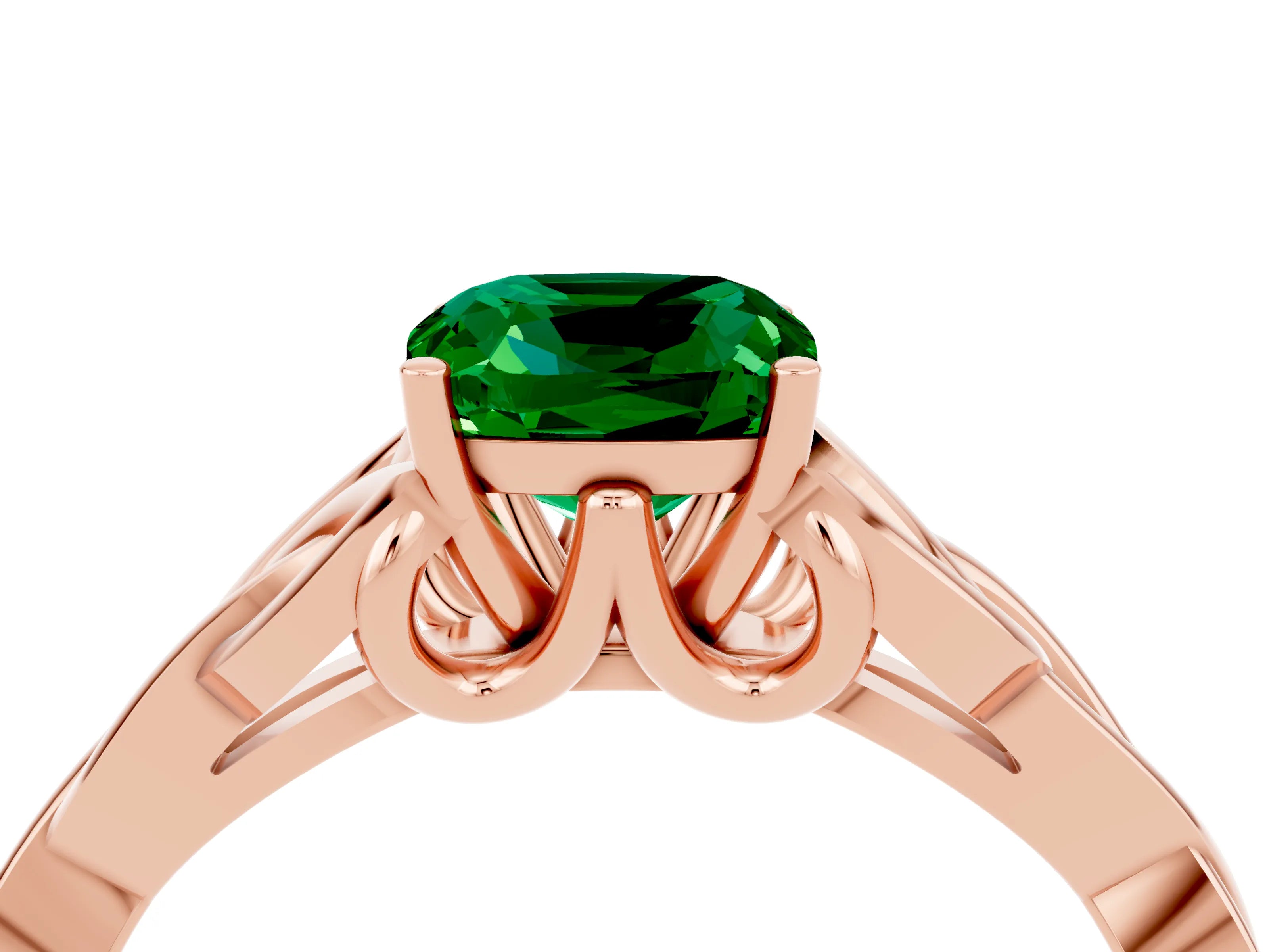 Rose gold Cushion Cut Emerald Solitaire Engagement Ring with Celtic Knot Band and Four-Prong Setting_4