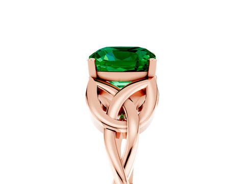 Rose gold Cushion Cut Emerald Solitaire Engagement Ring with Celtic Knot Band and Four-Prong Setting_5