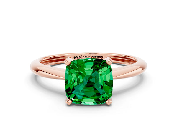 Rose gold Cushion Cut Emerald Solitaire Engagement Ring with Classic Band and Four-Prong Setting