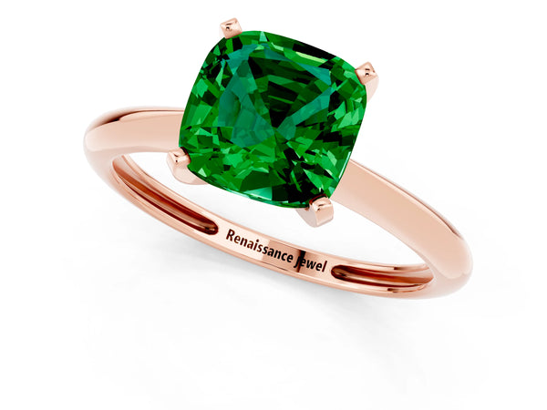 Rose gold Cushion Cut Emerald Solitaire Engagement Ring with Classic Band and Four-Prong Setting