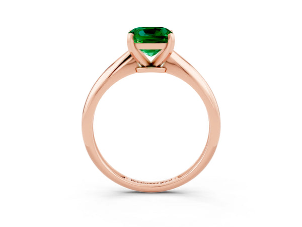Rose gold Cushion Cut Emerald Solitaire Engagement Ring with Classic Band and Four-Prong Setting